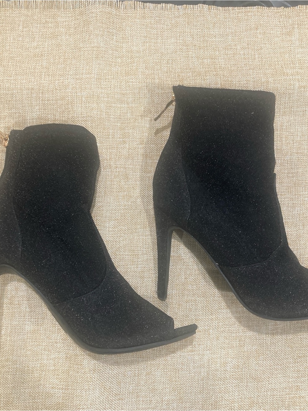 G by Guess Black Glitter Peep-Toe Stiletto Ankle Boots